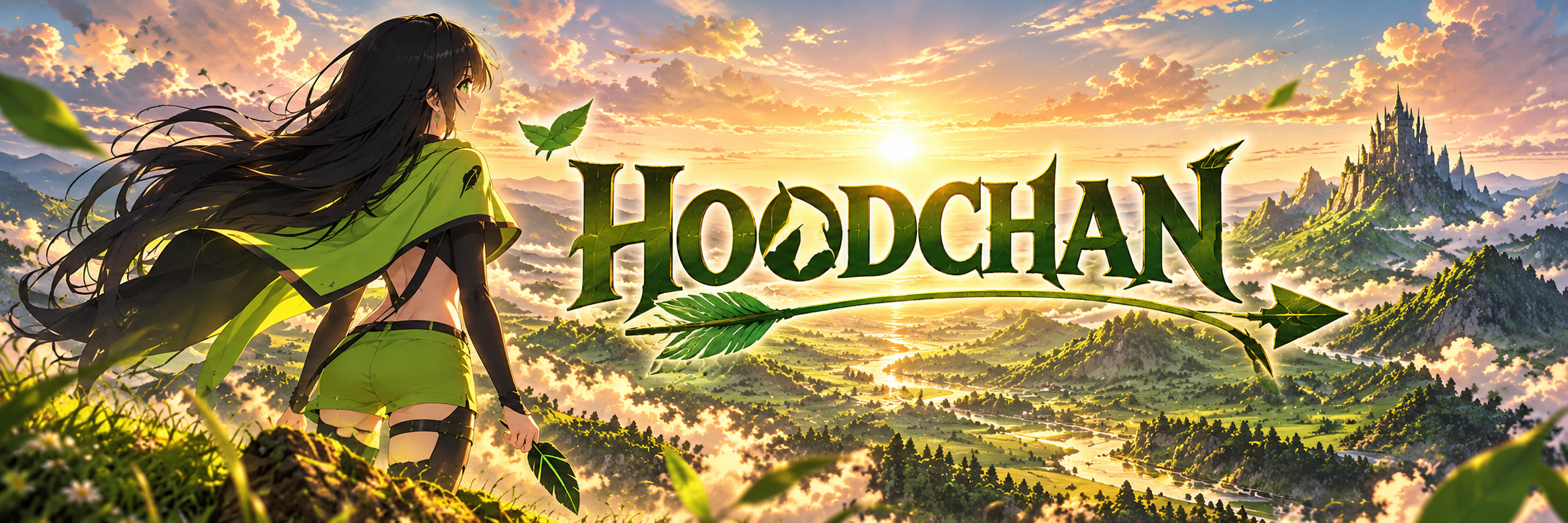 Hoodchan above the mountains, the name written in leaves and light